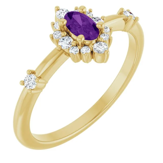 Oval Amethyst Halo Ring with Diamond Accents in Yellow Gold - 18k White Gold / 1.80 Carat / Lab-Grown-AAA: the shop's own photo
