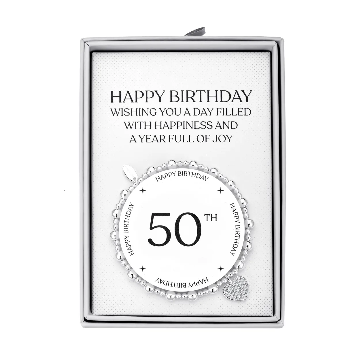 50th Birthday Heart Charm Stretch Bracelet with Quote Gift Box: the shop's own photo