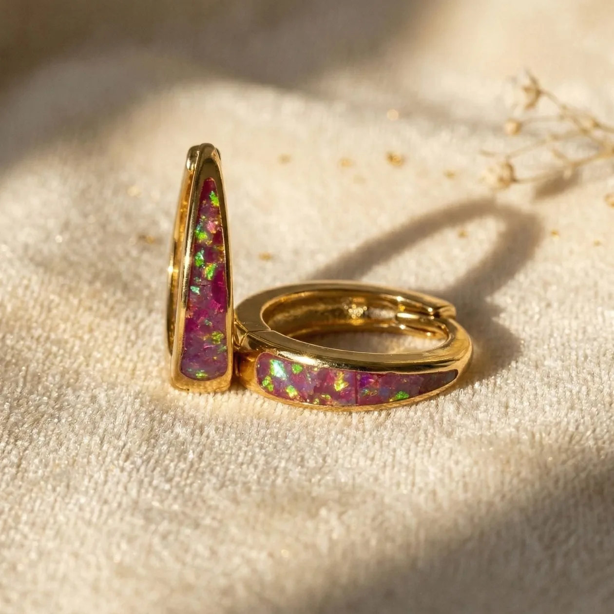 Tapered Magenta Purple Opal Gold Plated Hoop Earrings: the shop's own photo
