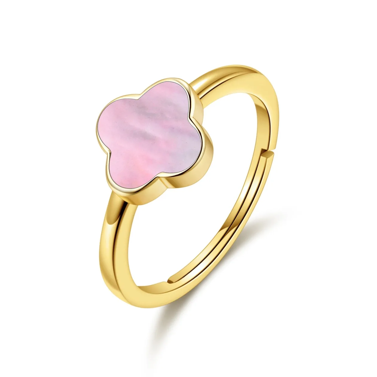 18k Gold Plated Pink Mother of Pearl Gemstone Adjustable Clover Ring: the shop's own photo