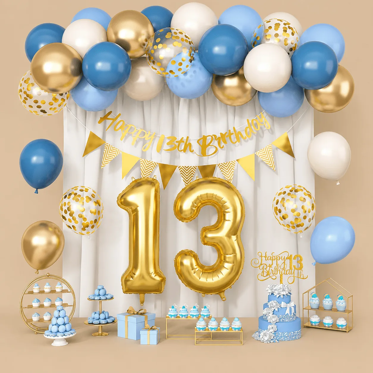 13th Birthday Dusty Blue & Gold Balloon Set: the shop's own photo