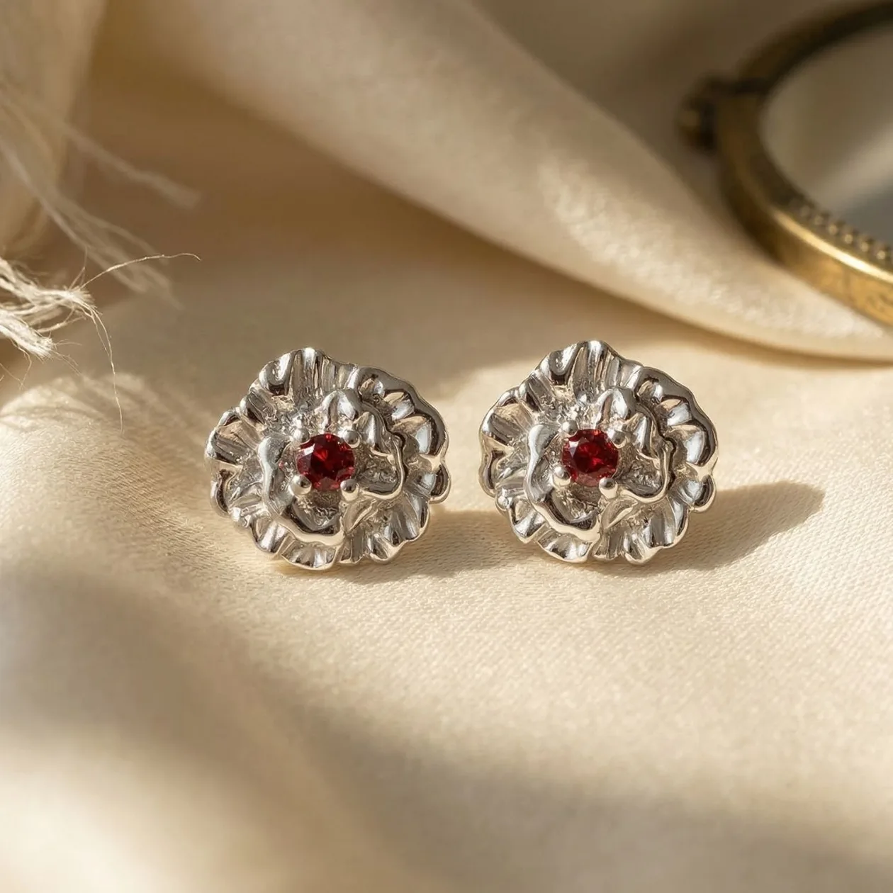 Garnet January Birthstone Carnation Birthflower Sterling Silver Stud Earrings: the shop's own photo
