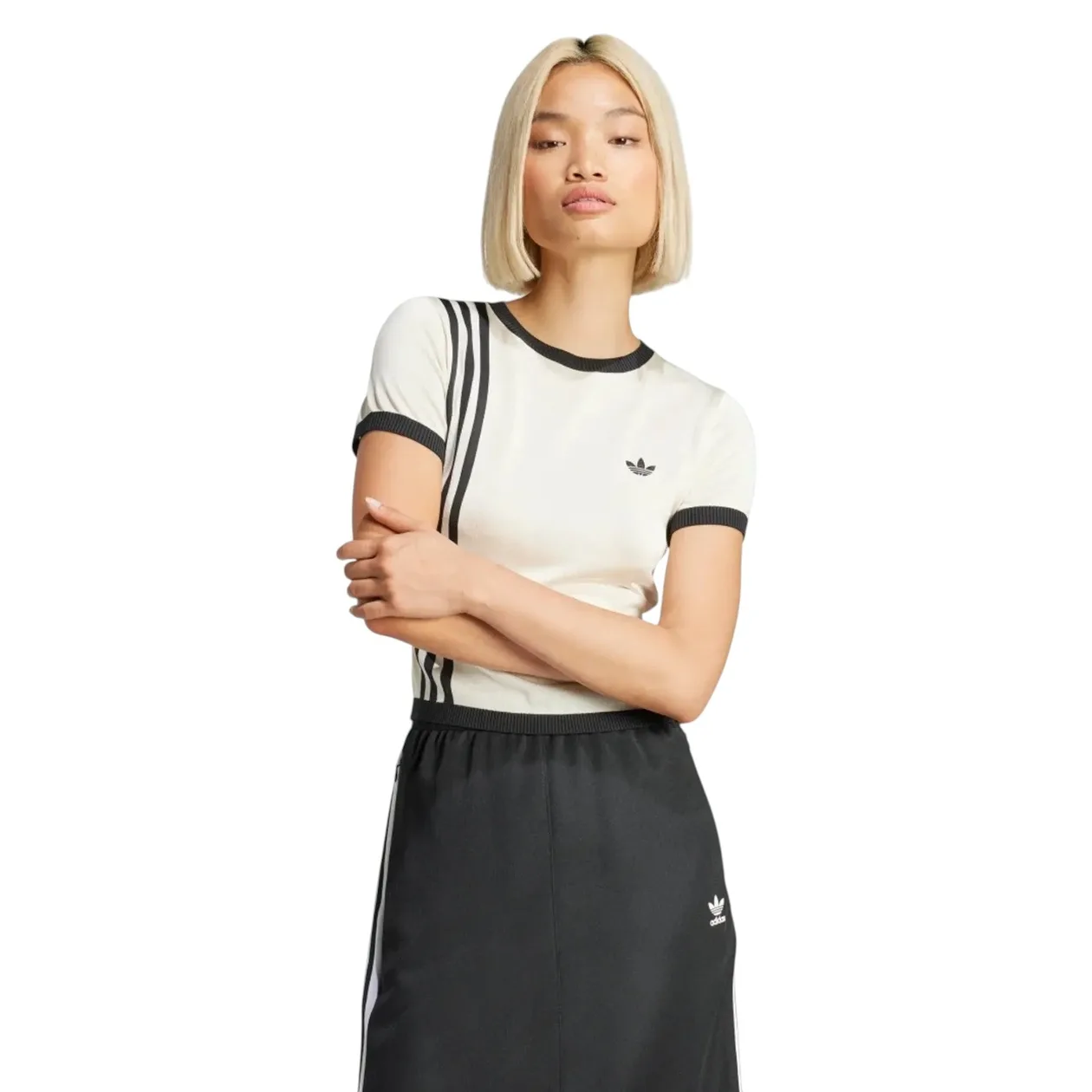 adidas Originals Women's Knitted 3-Stripes Short Tee - Cream White | Size: S: the shop's own photo