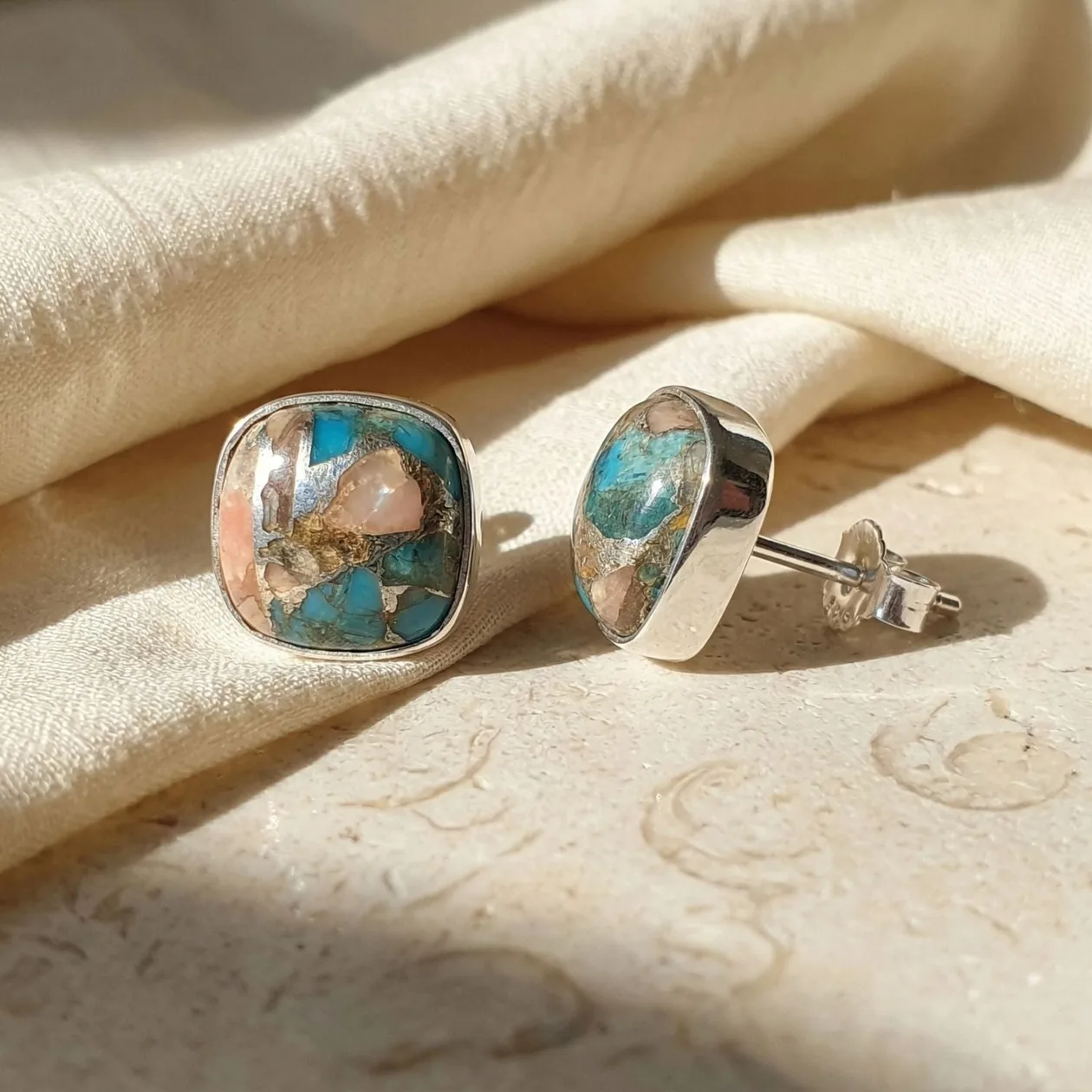 Opal Turquoise Sterling Silver Gemstone Stud Earrings: the shop's own photo