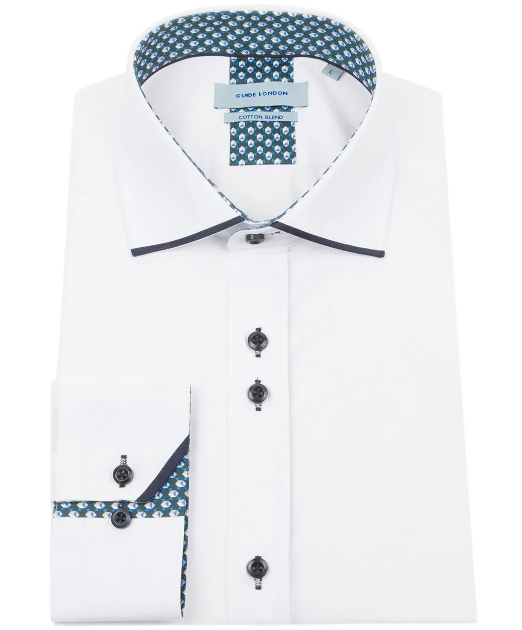 White Navy Long Sleeve Panelled Collar End on End Shirt: the shop's own photo