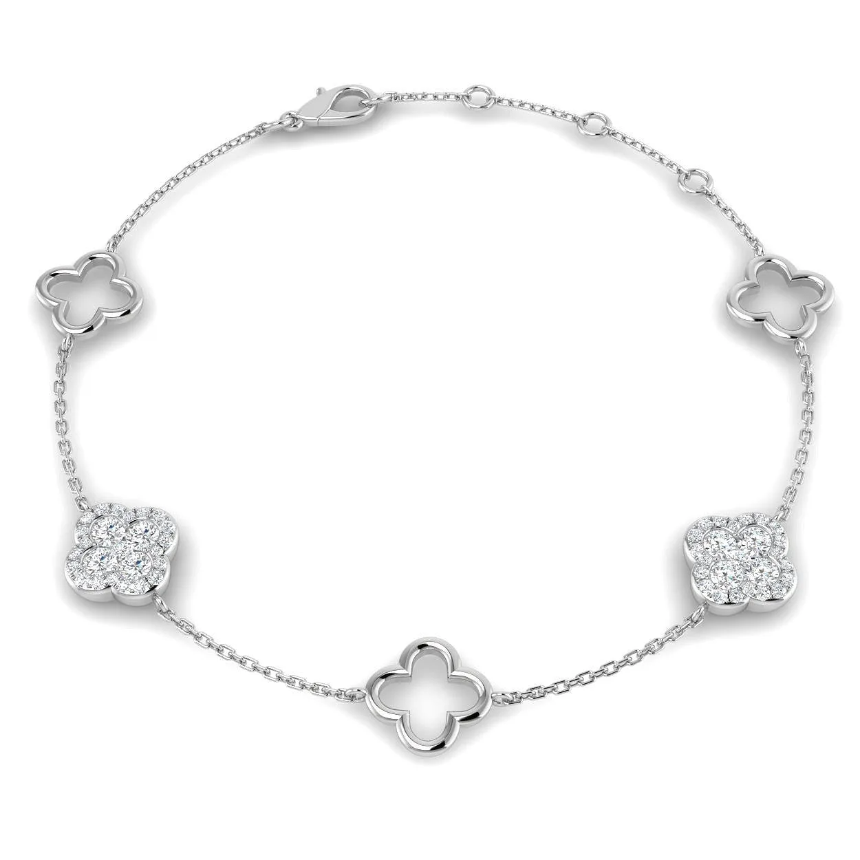 Platinum Lab Grown Diamond Pave Four Leaf Clover Bracelet – Delicate Chain with Lobster Claw - 18k Yellow Gold / 0.60 Carat / Natural Diamond: the shop's own photo