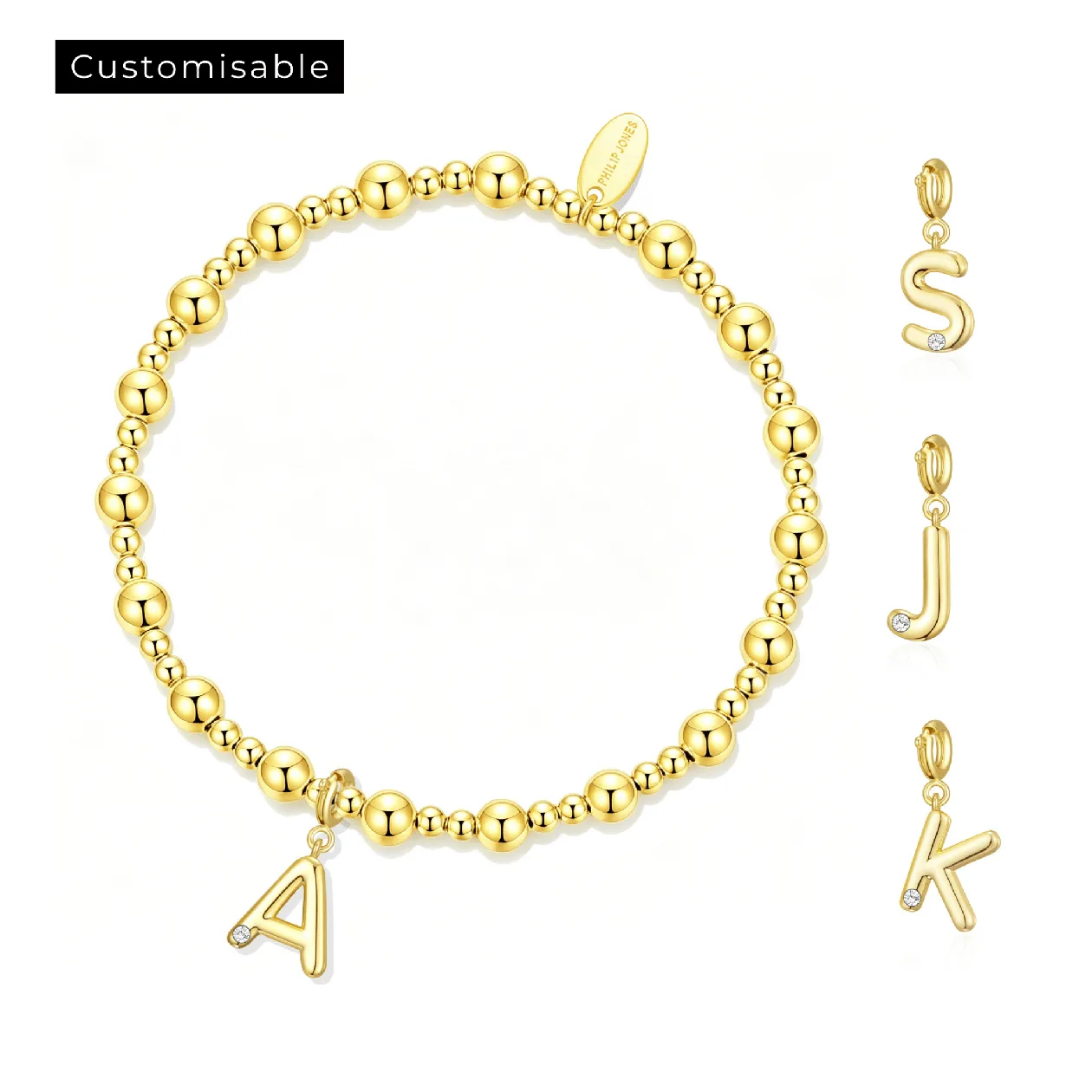 Customisable 18k Gold Plated Beaded Stretch Bracelet (A-Z) with Option of Initial Charm: the shop's own photo