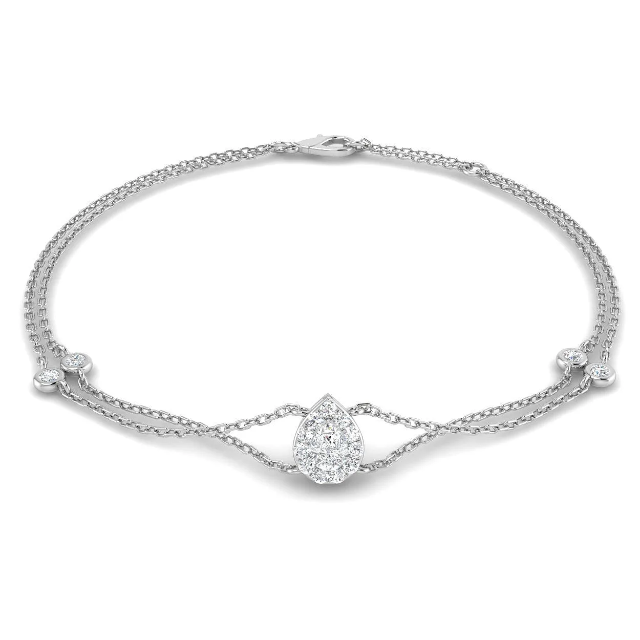 9K Yellow Gold Natural Pear Halo Diamond Double Chain Bracelet with Lobster Clasp - 18k White Gold / 0.30 Carat / Natural Diamond: the shop's own photo