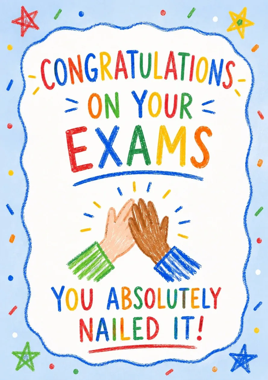 Colourful High Five Exams Congratulations Card: the shop's own photo