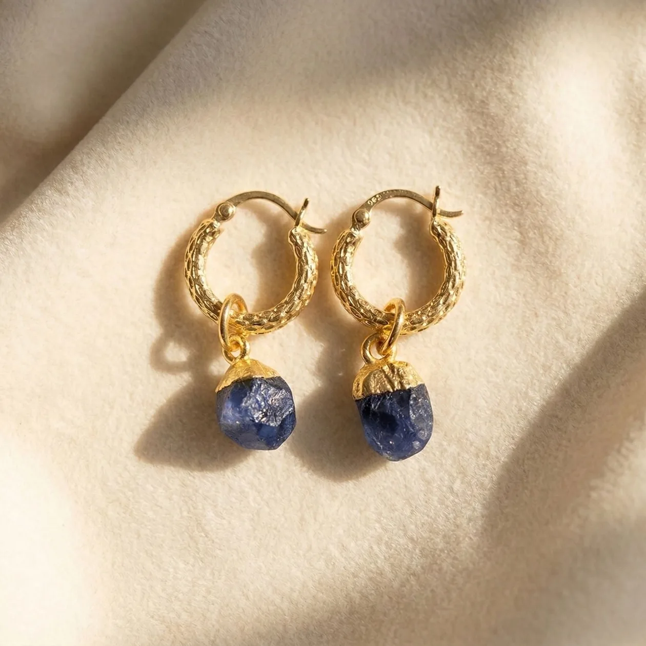 Raw Sapphire September Birthstone Huggie Hoops Gold Plated Gemstone Earrings: the shop's own photo