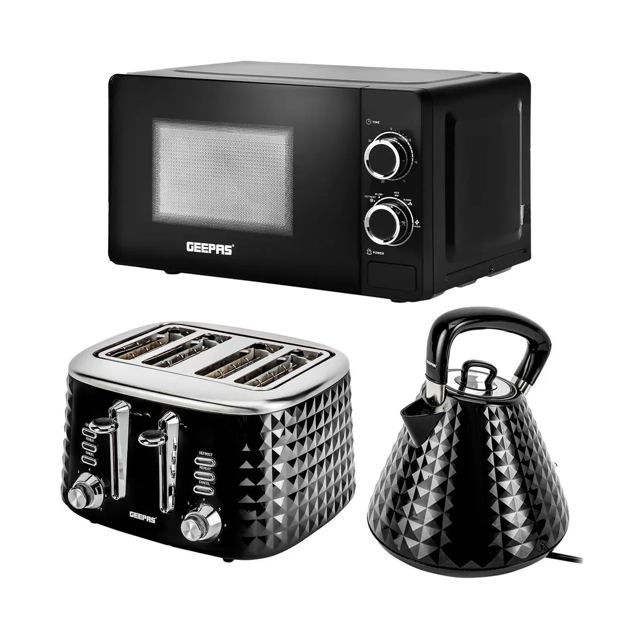 Electric Kettle, 4 Slice Toaster & Microwave Kitchen Set In Black: the shop's own photo