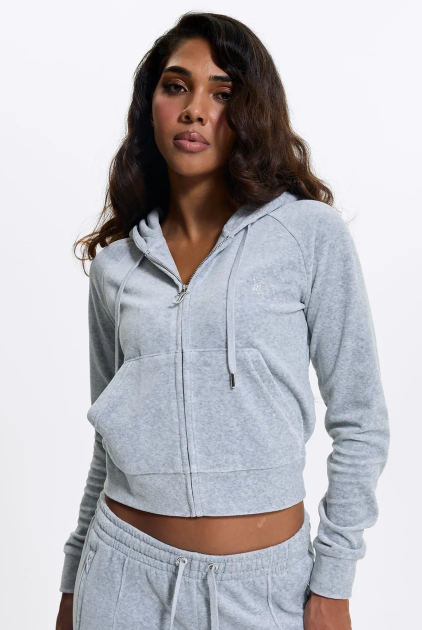 SILVER MARL DIAMANTÉ COTTON VELOUR ZIP-THROUGH HOODIE - XS / Grey: the shop's own photo