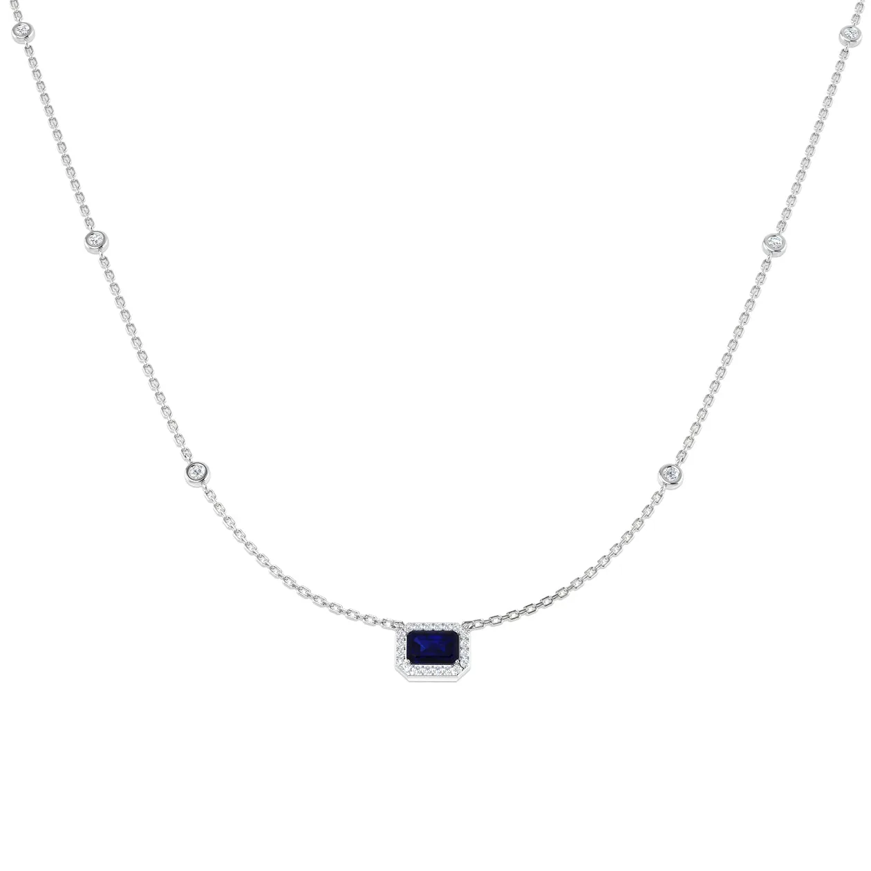 Blue Sapphire Halo Necklace with Bezel Set Diamond Stations - UK Made - 9k White Gold / Natural Diamond(F/SI) / 1.00 Carat: the shop's own photo
