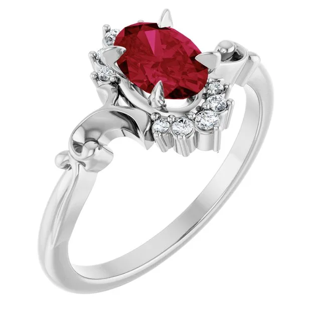 Oval Lab-Grown Ruby Accented Ring with Diamond Accents in Platinum - 18k Yellow Gold / 3.40 Carat / Natural-AA: the shop's own photo