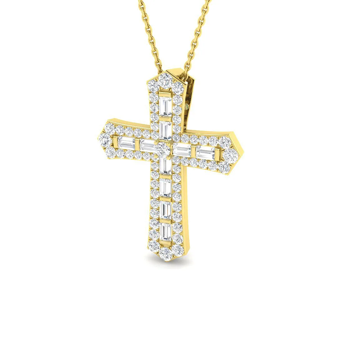 Baguette Diamond Cross Pendant | Diamond Cross Necklace - 9k Yellow Gold / 1.00 Carat / Natural Diamond(F/SI): the shop's own photo
