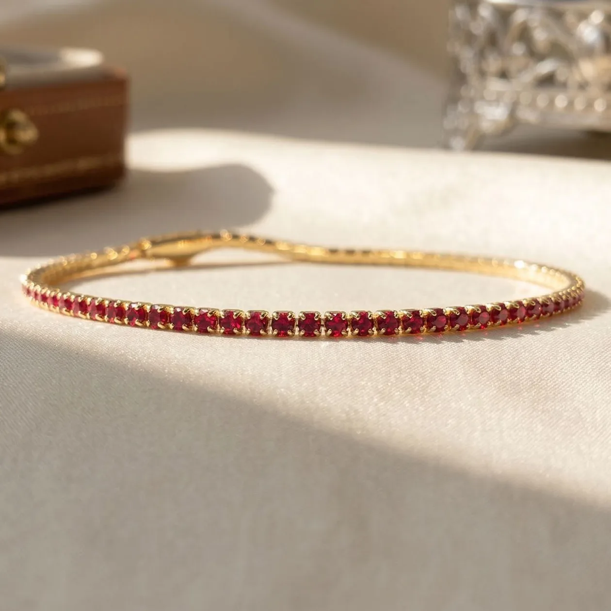 Garnet January Birthstone Dainty Gold Plated Tennis Bracelet: the shop's own photo