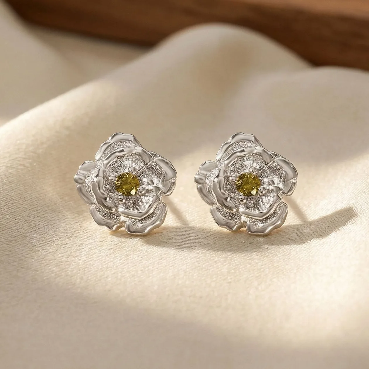 Sterling Silver Peridot August Birthstone Poppy Birthflower Stud Earrings: the shop's own photo