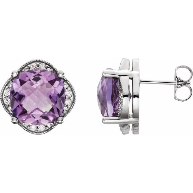 Amethyst & Diamond Cushion Stud Earrings | 4.45ct | 10 × 10mm | 9K White Gold - 9k White Gold / 4.45 Carat / Lab-Grown-AAA: the shop's own photo