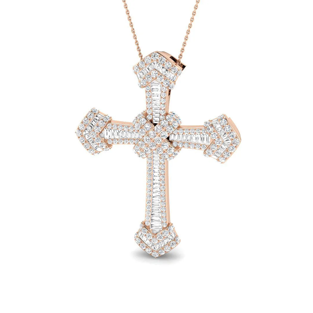 Baguette & Round Diamond Knot Cross Pendant Necklace | UK Hallmarked - 18k Yellow Gold / 2.00 Carat / Lab Grown F/VS: the shop's own photo
