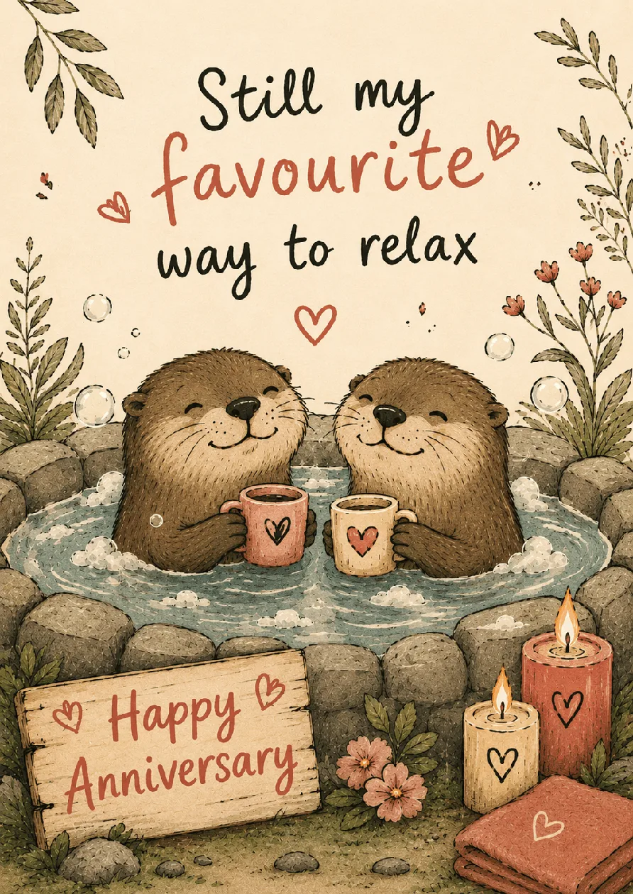 Otters in Hot Tub Relaxing Anniversary Card: the shop's own photo