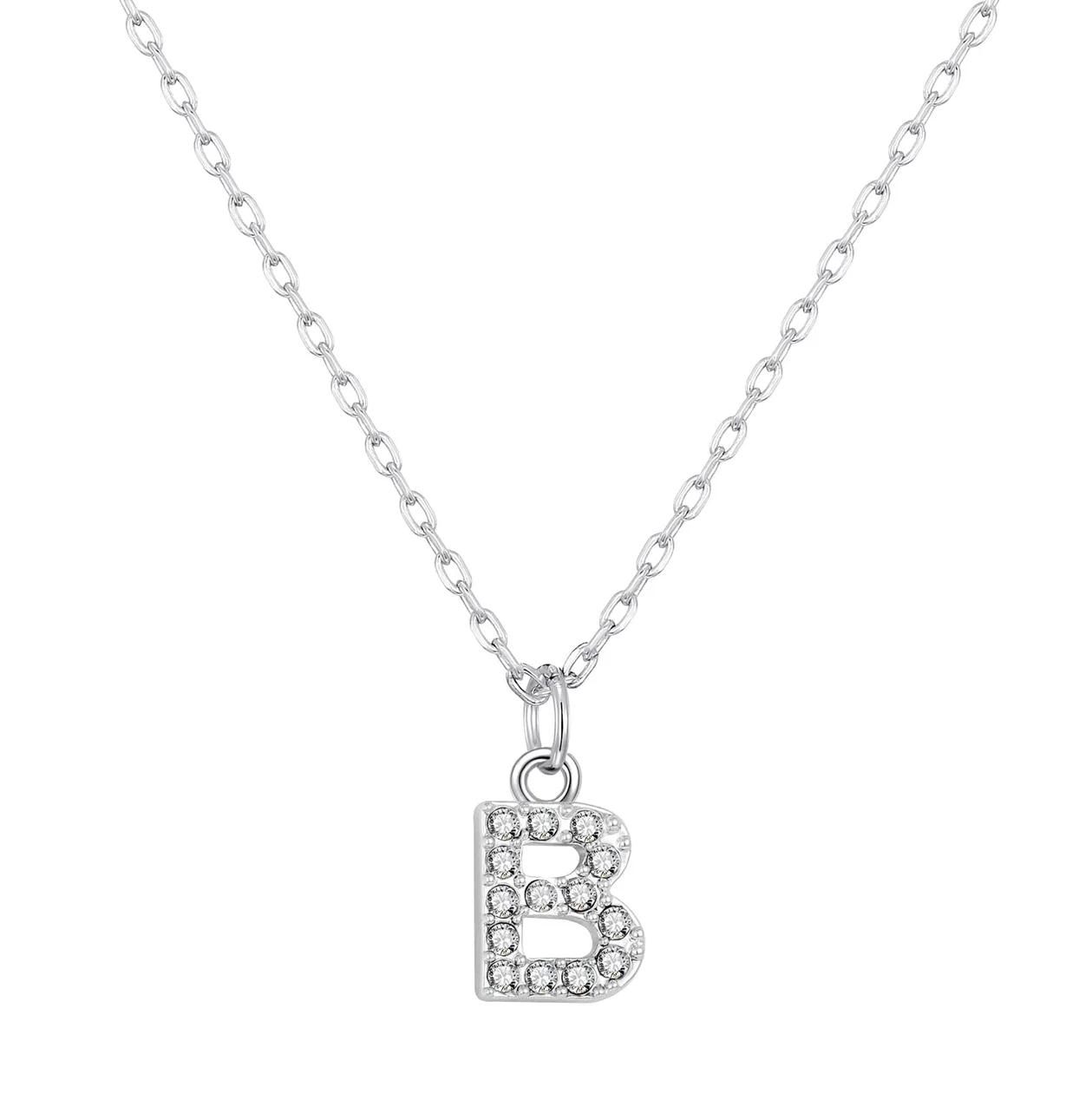 Customisable Silver Plated Pave Initial Necklace (A-Z) with Option of Birthstone Charm - B: the shop's own photo
