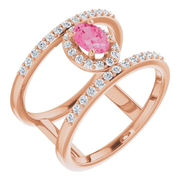 Oval Pink Spinel Halo Ring with Diamond Accents in Rose Gold - 18k Yellow Gold / 3.80 Carat / Lab-Grown-AAA: the shop's own photo