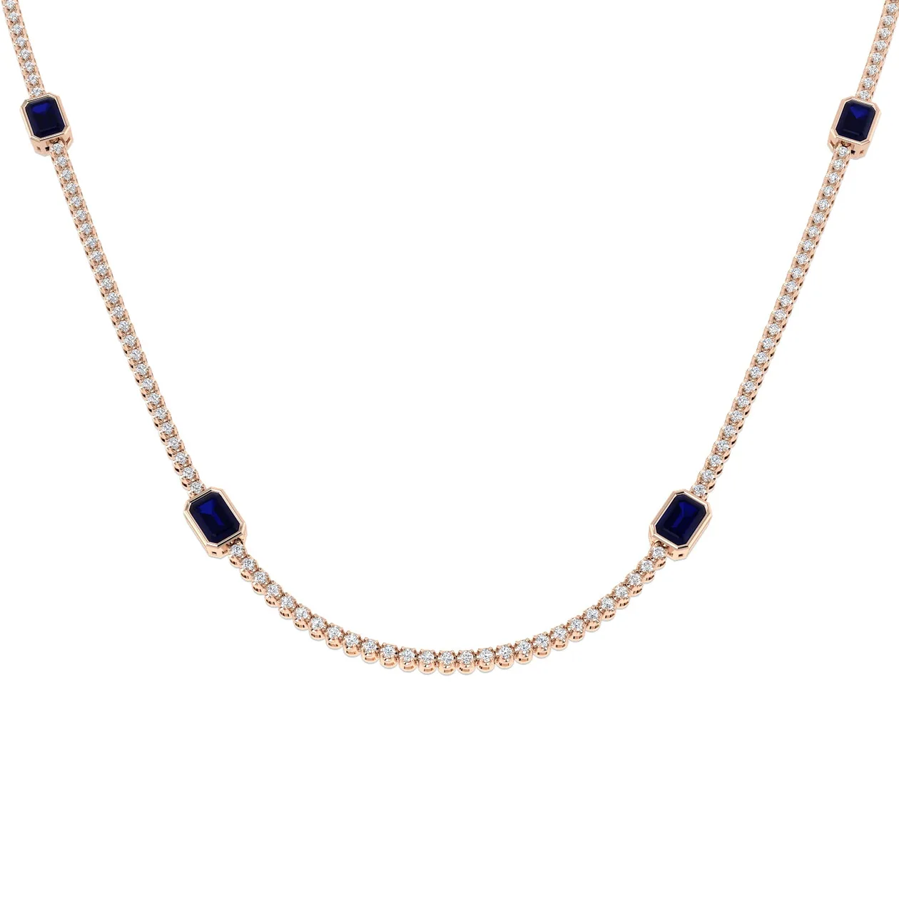Blue Sapphire & Diamond Tennis Necklace | Emerald Cut Sapphire Stations - 18k Rose Gold / 6.50 Carat / Natural Diamond(F/SI): the shop's own photo