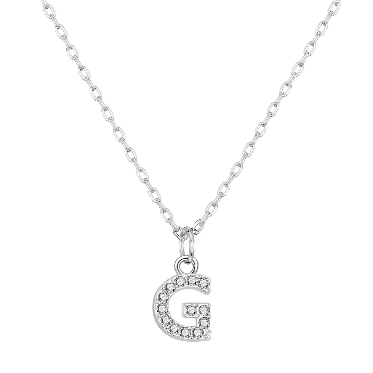 Customisable Silver Plated Pave Initial Necklace (A-Z) with Option of Birthstone Charm - G: the shop's own photo