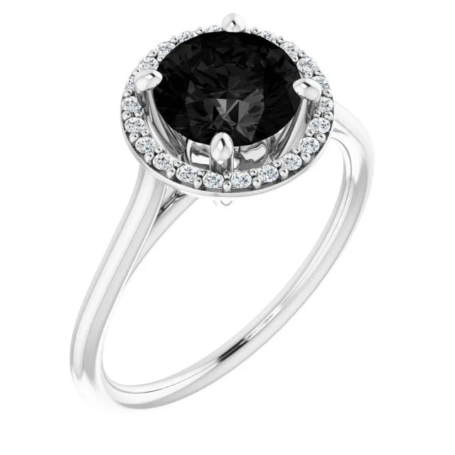 Round Black Onyx Halo Ring with Diamond Accents in Gold - 18k Yellow Gold / 1.60 Carat / Lab-Grown-AAA: the shop's own photo