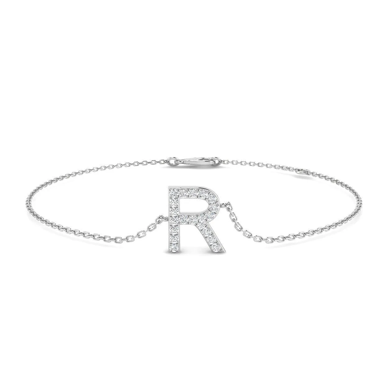 18K Gold Alphabet R Letter Pave Natural Round Diamond Chain Bracelet with Lobster Claw - 9k Yellow Gold / 0.15 Carat / Lab Grown Diamond: the shop's own photo