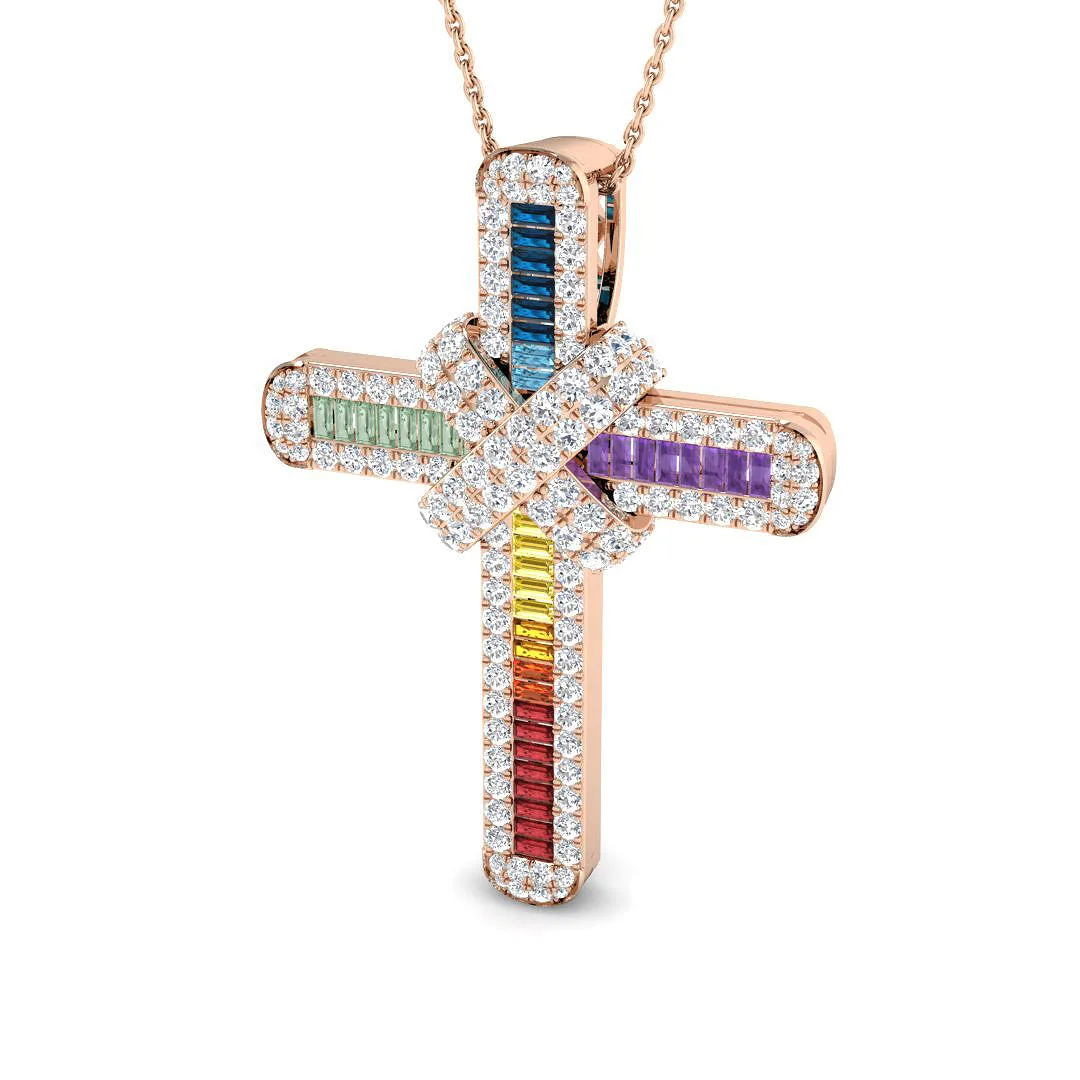 Rainbow Cross Pendant | Multicolor Diamond Cross Necklace | UK Made - 9k Rose Gold / 3.00 Carat / Natural Diamond(F/SI): the shop's own photo