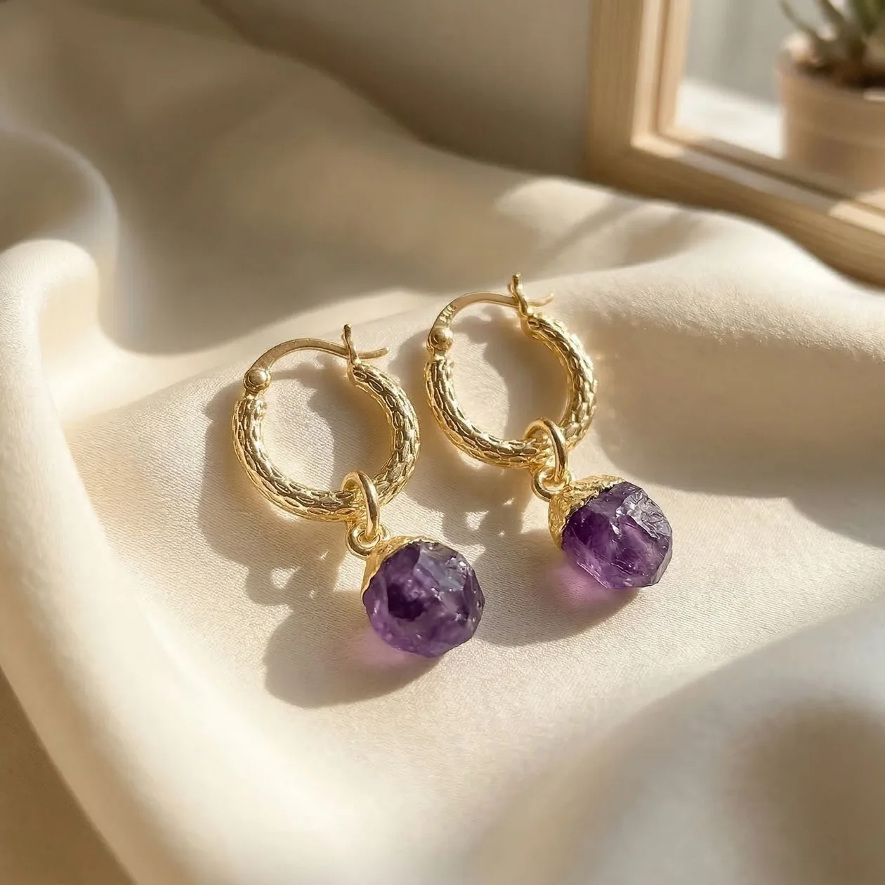 Raw Amethyst February Birthstone Huggie Hoops Gold Plated Gemstone Earrings: the shop's own photo