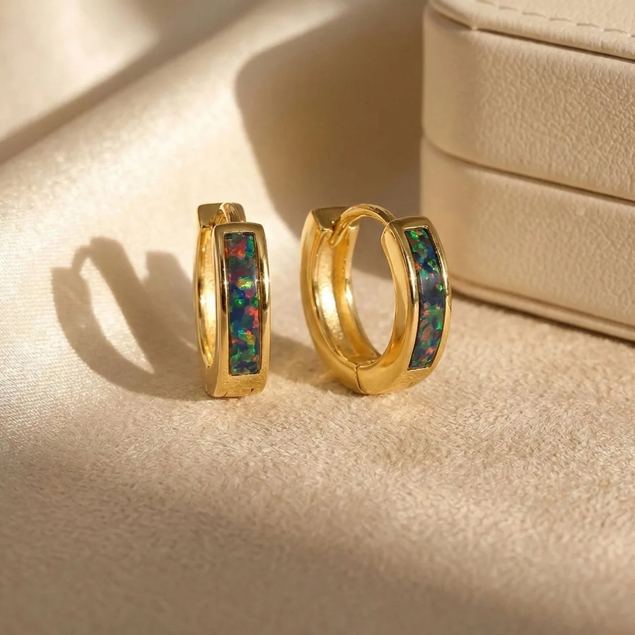 Forest Green Opal Huggie Hoop Gold Plated Earrings: the shop's own photo