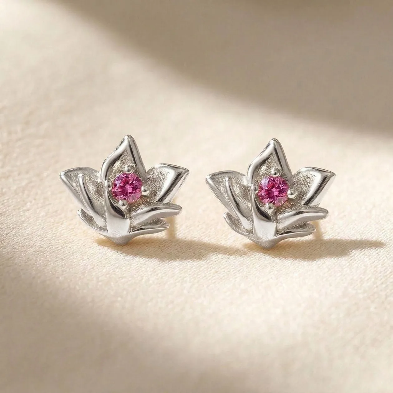 Sterling Silver Ruby July Birthstone Larkspur Birthflower Stud Earrings: the shop's own photo