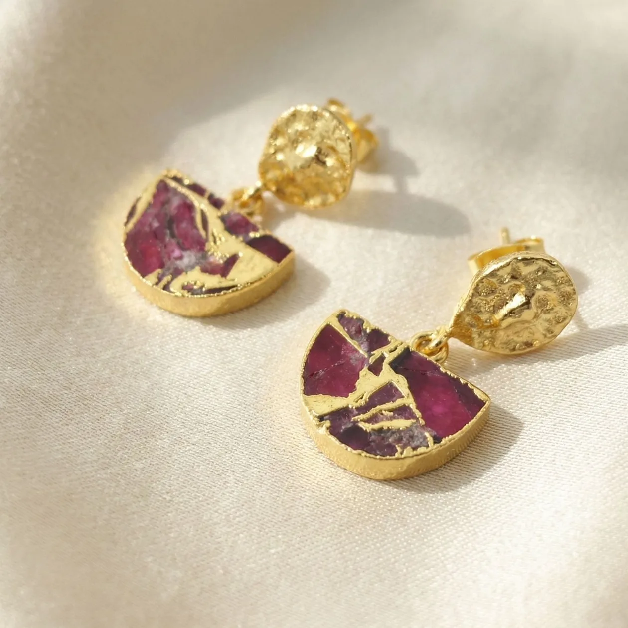 Hammered Ruby July Birthstone Gold Plated Earrings: the shop's own photo