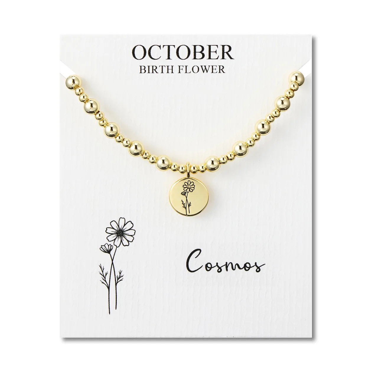 18k Gold Plated October Birth Flower Cosmos Beaded Stretch Bracelet with Card: the shop's own photo