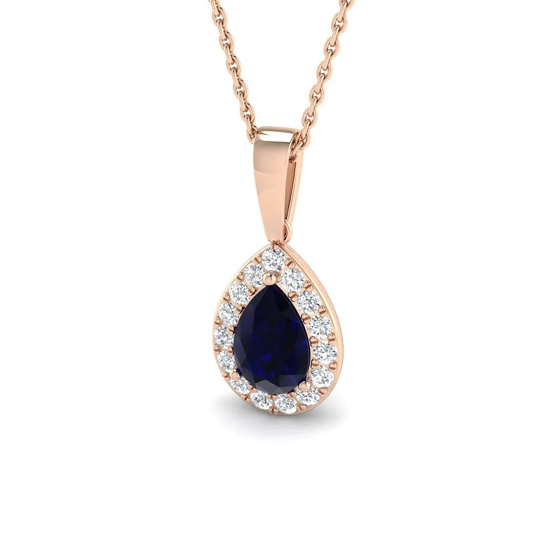 Blue Sapphire Diamond Pendant | Pear Halo Gold Necklace(Without Chain ) - 9k Rose Gold / Natural Diamond(F/SI) / 1.50 Carat: the shop's own photo