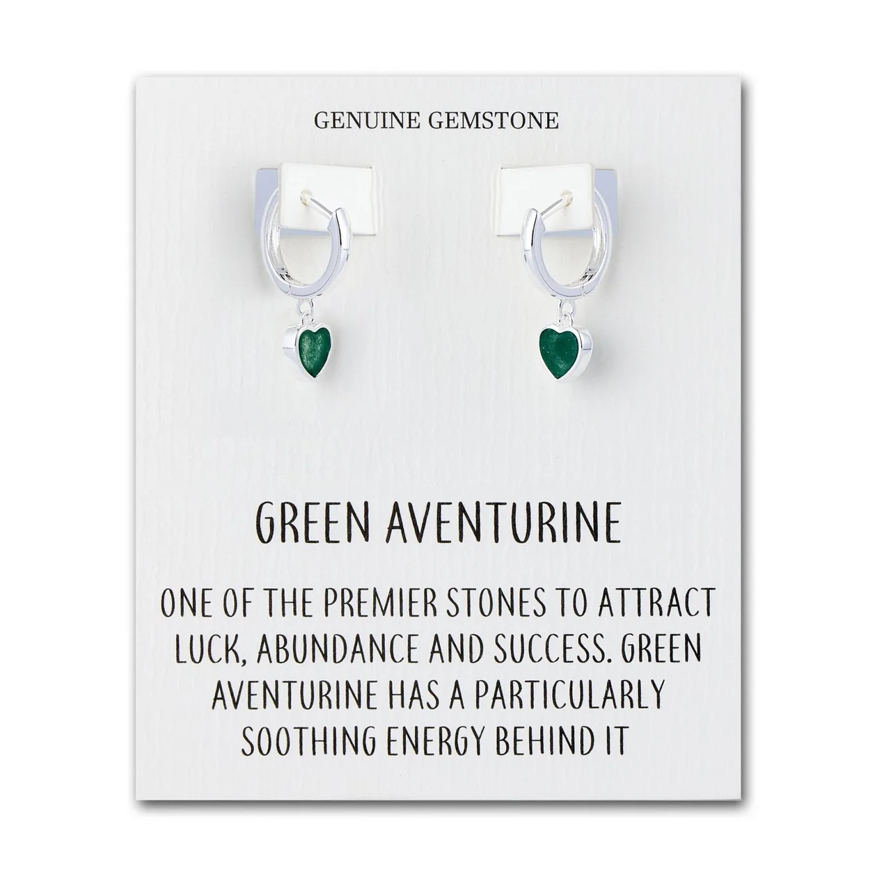 Green Aventurine Gemstone Heart Charm Hoop Earrings with Quote Card: the shop's own photo