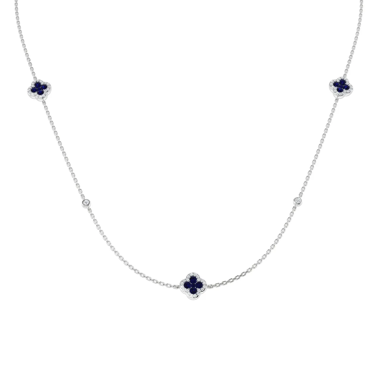 Blue Sapphire Clover Station Necklace with Diamond Accents | Floral Necklace - 950 Platinum / 2.50 Carat / Natural Diamond(F/SI): the shop's own photo