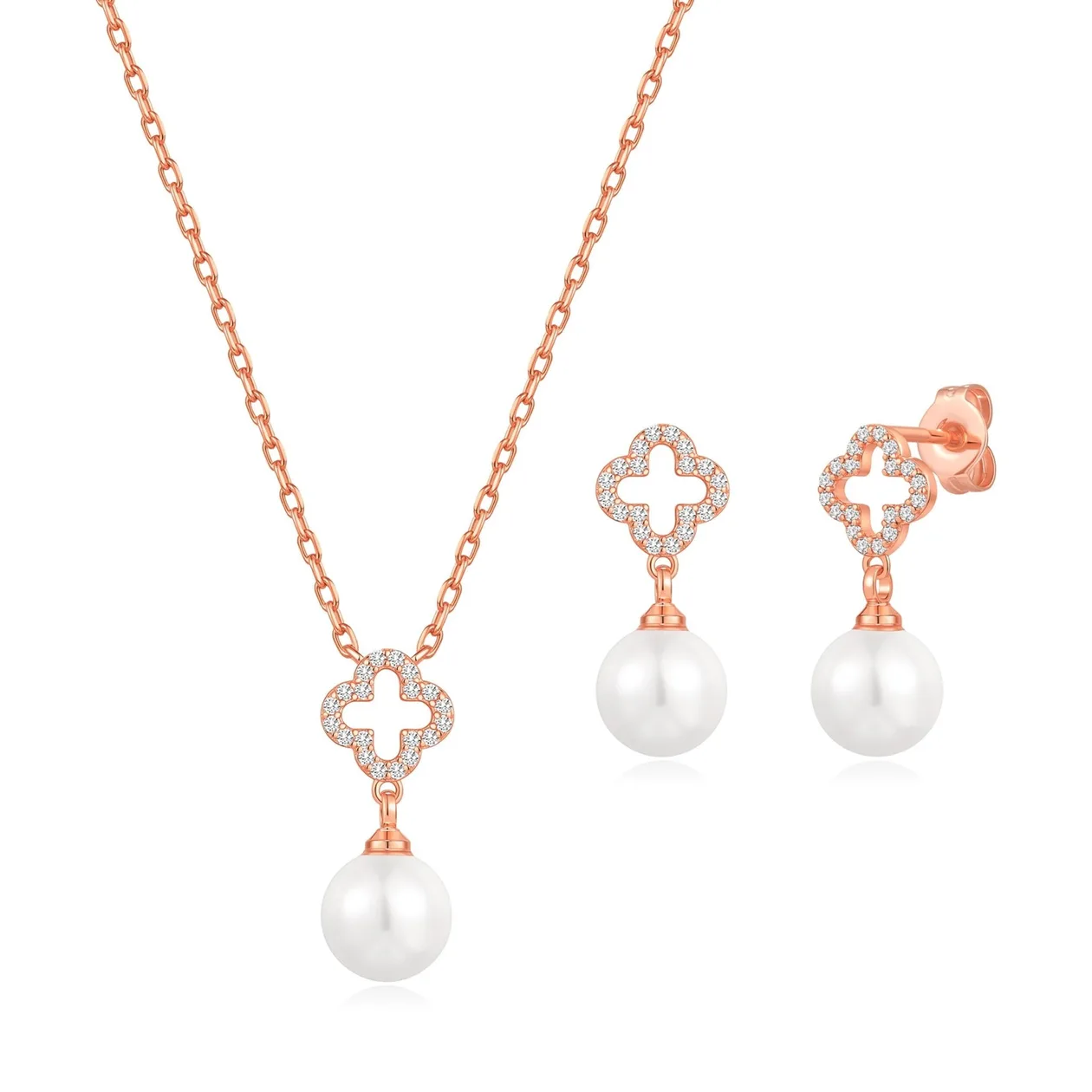 Rose Gold Plated Clover Pearl Drop Set Created with Zircondia® Crystals: the shop's own photo