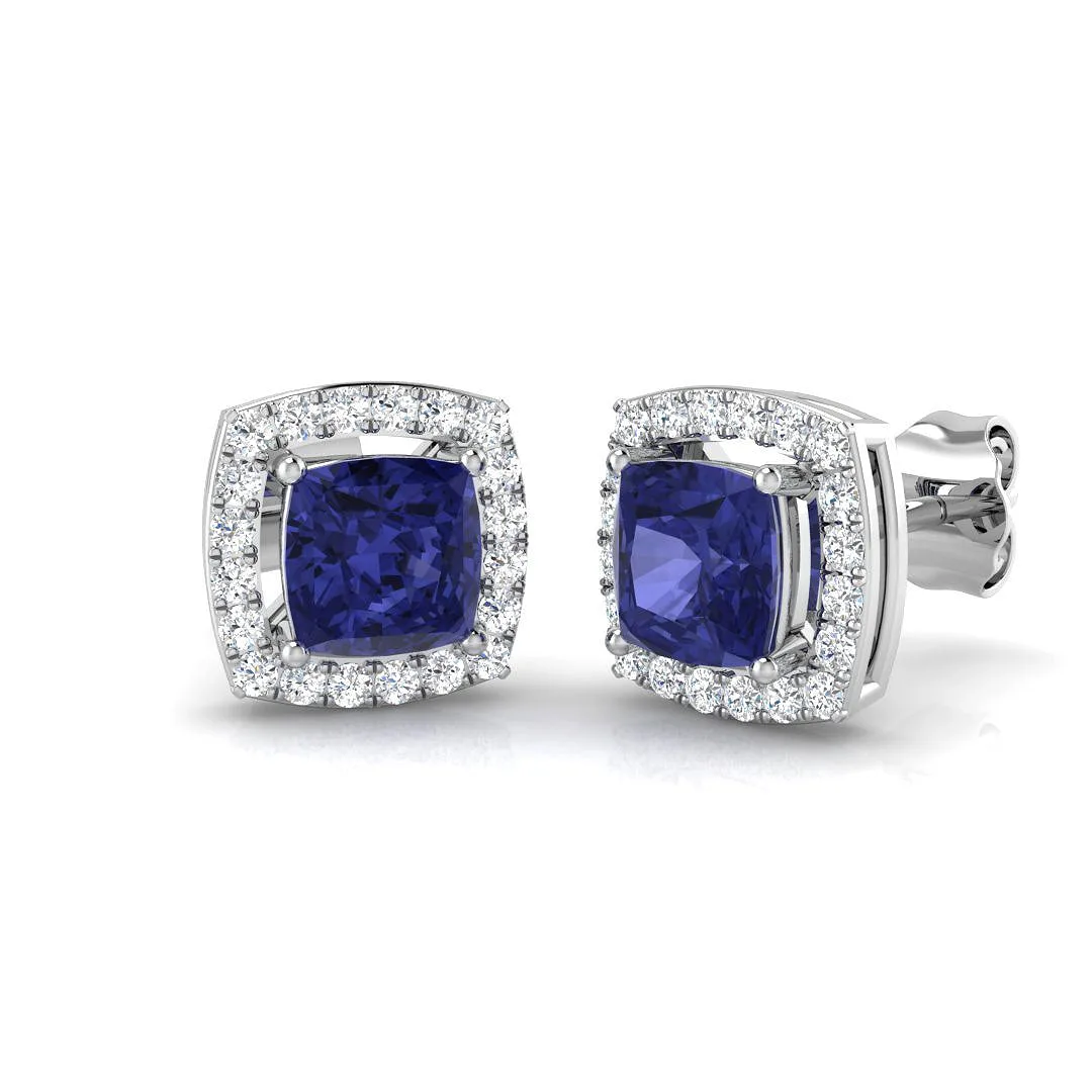 Cushion Tanzanite Halo Stud Earrings | Natural Diamonds | 1.50ct | 9K White, Yellow & Rose - 9k White Gold / 1.50 Carat / Lab Grown Diamond(D-VVS): the shop's own photo