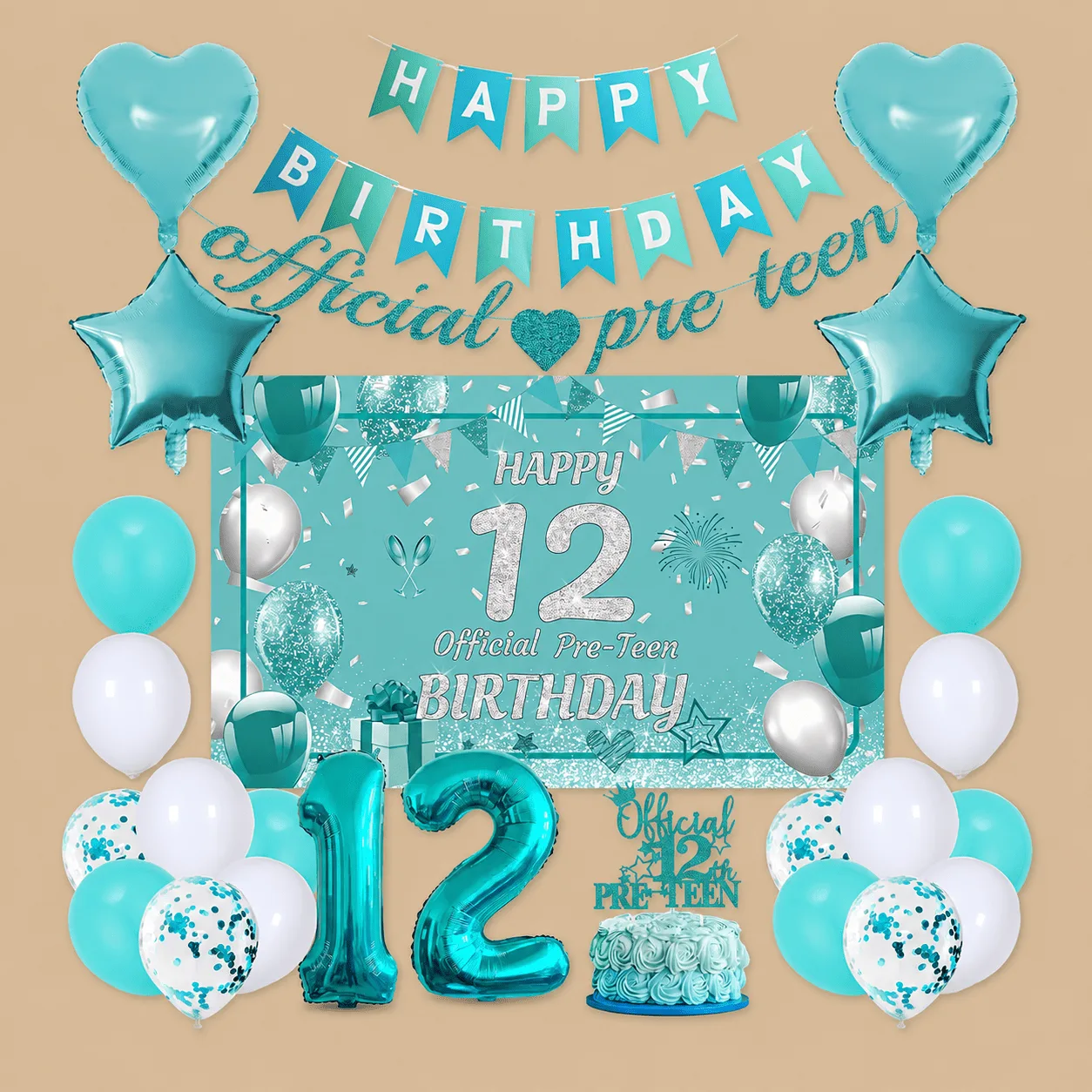 12th Birthday Teal Blue Balloon & Banner Set: the shop's own photo