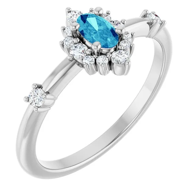 Oval Blue Zircon Halo Ring with Diamond Accents in White Gold - 18k Yellow Gold / 1.70 Carat / Lab-Grown-AAA: the shop's own photo