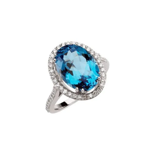 Oval Swiss Blue Topaz Halo Ring with Diamond Accents in White Gold - 18k Yellow Gold / 3.20 Carat / Lab-Grown-AAA: the shop's own photo