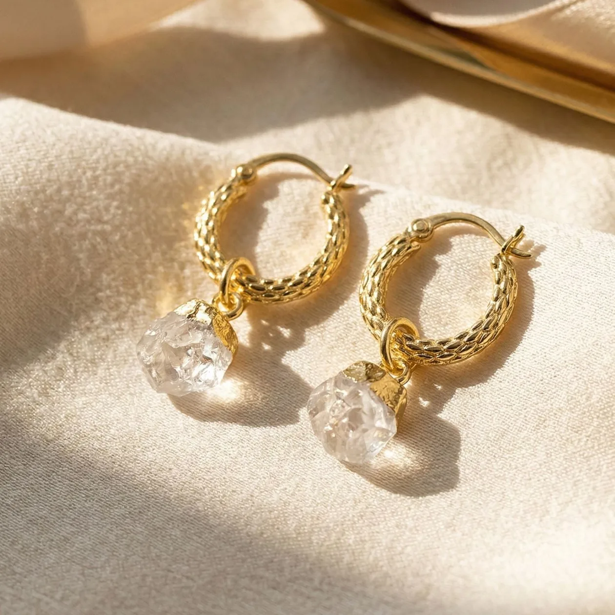 Raw Moonstone June Birthstone Huggie Hoops Gold Plated Gemstone Earrings: the shop's own photo