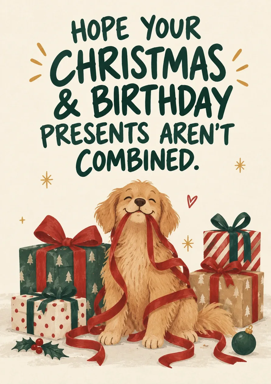 Funny Combined Presents Puppy Christmas Card for Sister in Law: the shop's own photo