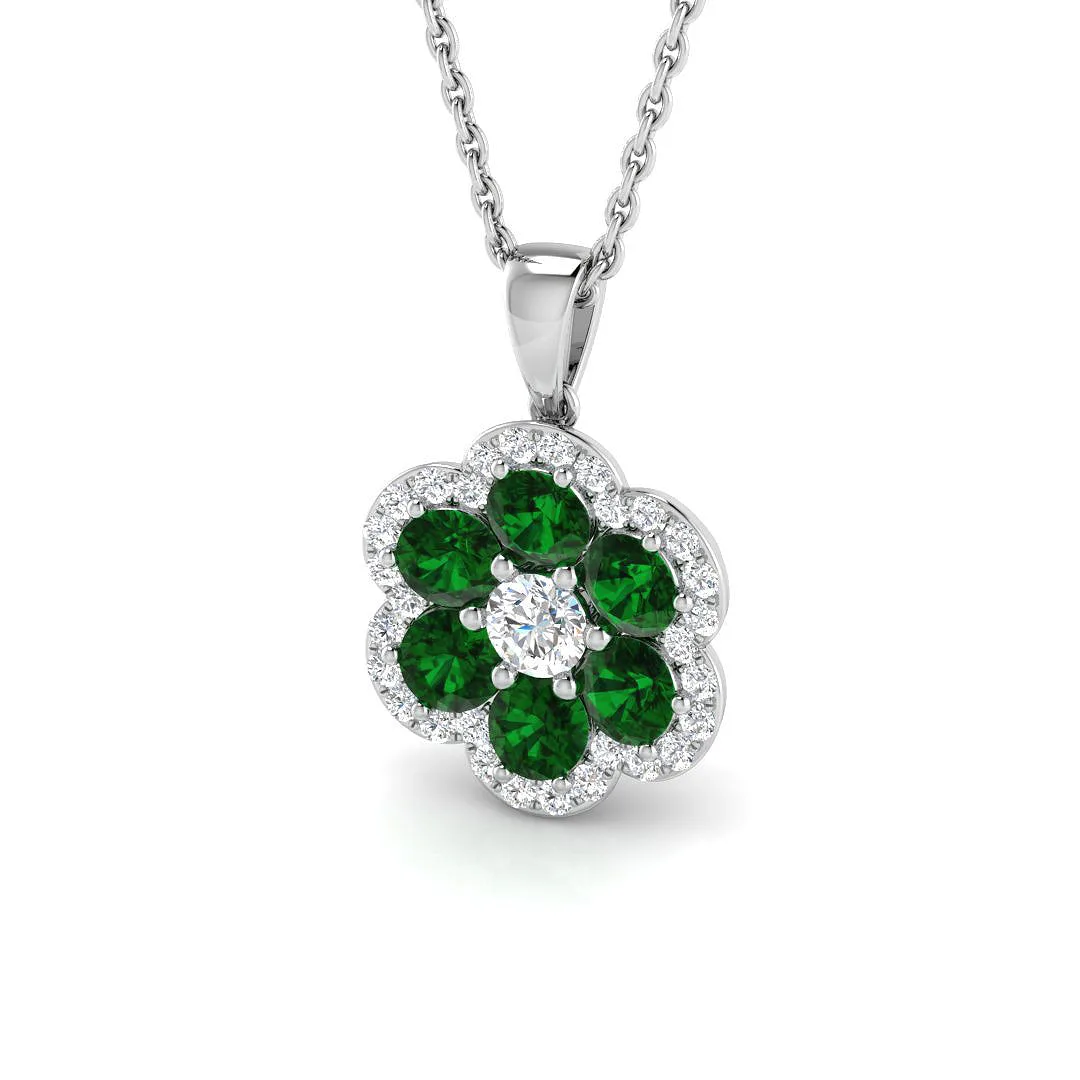 Emerald Pendant Necklace with Diamond Flower Halo Design - Prong Set - 9k White Gold / 1.25 Carat / Natural Diamond(F/SI: the shop's own photo