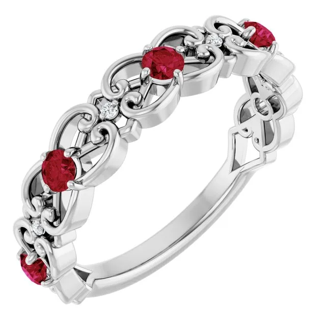 Round Ruby Stackable Ring with Diamond Accents in Gold and Platinum - 18k Yellow Gold / 2.00 Carat / Lab-Grown-AAA: the shop's own photo