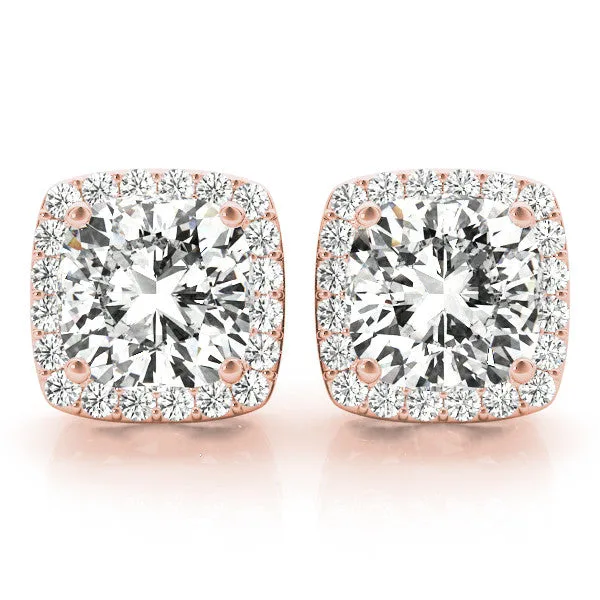Stud Earrings with Lab Grown Cushion Cut Diamond Halo - 18k Gold - 1.00 Carat / 18k Rose Gold: the shop's own photo