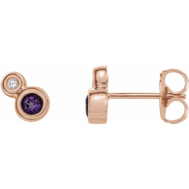 Amethyst & Diamond Round Bezel-Set Stud Earrings | 0.95ct | 9K Rose Gold - 9k Rose Gold / 0.95 Carat / Lab-Grown-AAA: the shop's own photo